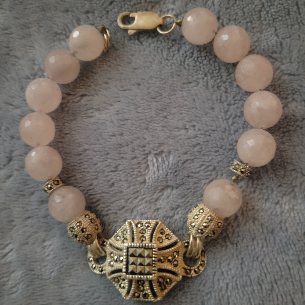Elegant Rose Quartz, Marcasite And Sterling Silver Bracelet